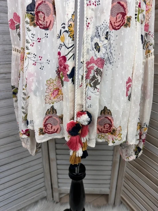 Zara Woman Cream Floral Embroidered Boho Style Spring Tasseled Cardigan XS - Picture 2 of 9